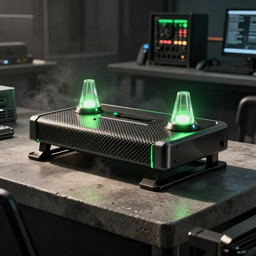 Dark alert console with green beacon glow on a concrete plinth, seen in smoky low light.
