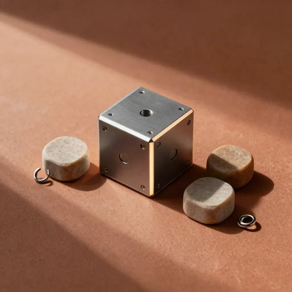 Overhead flatlay of a glowing scoring cube, two stones, and a ring marker on terracotta stone.