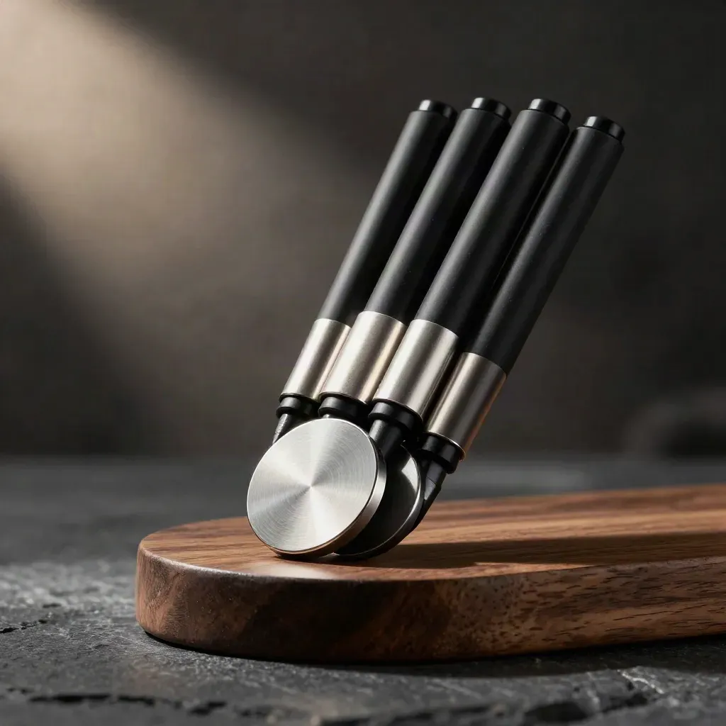 Five matte-black wallet markers banded in silver on a walnut pedestal, in soft mist and raking light.