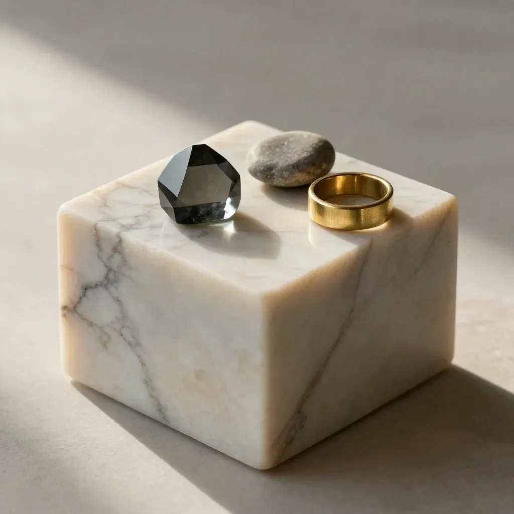 Sunlit veined marble with a glass prism, brass ring and pebble, calm space below.